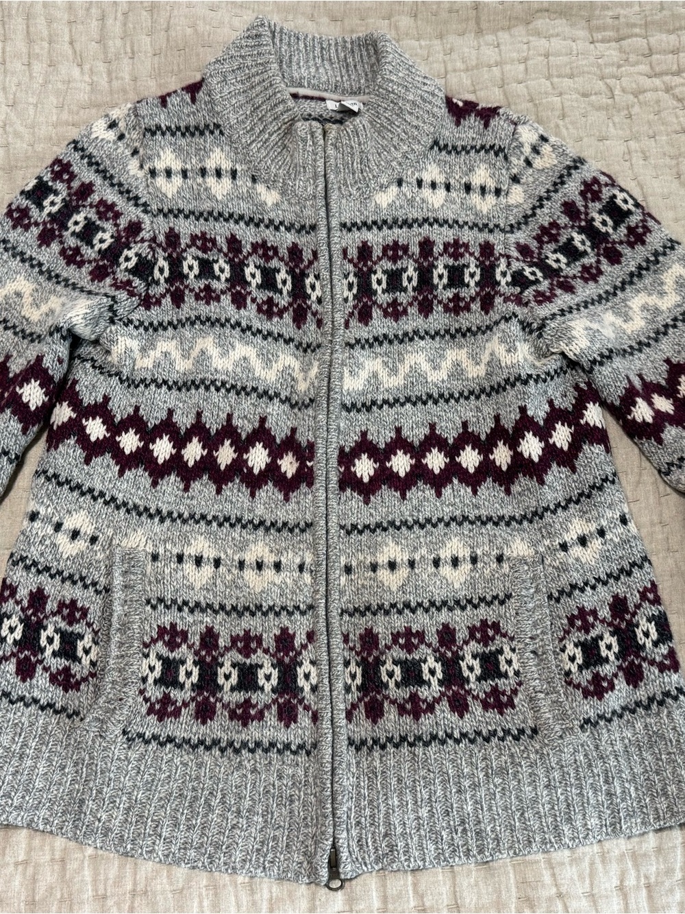 L.L. Bean Gray and Burgundy Fair Isle Zip Cardigan size medium